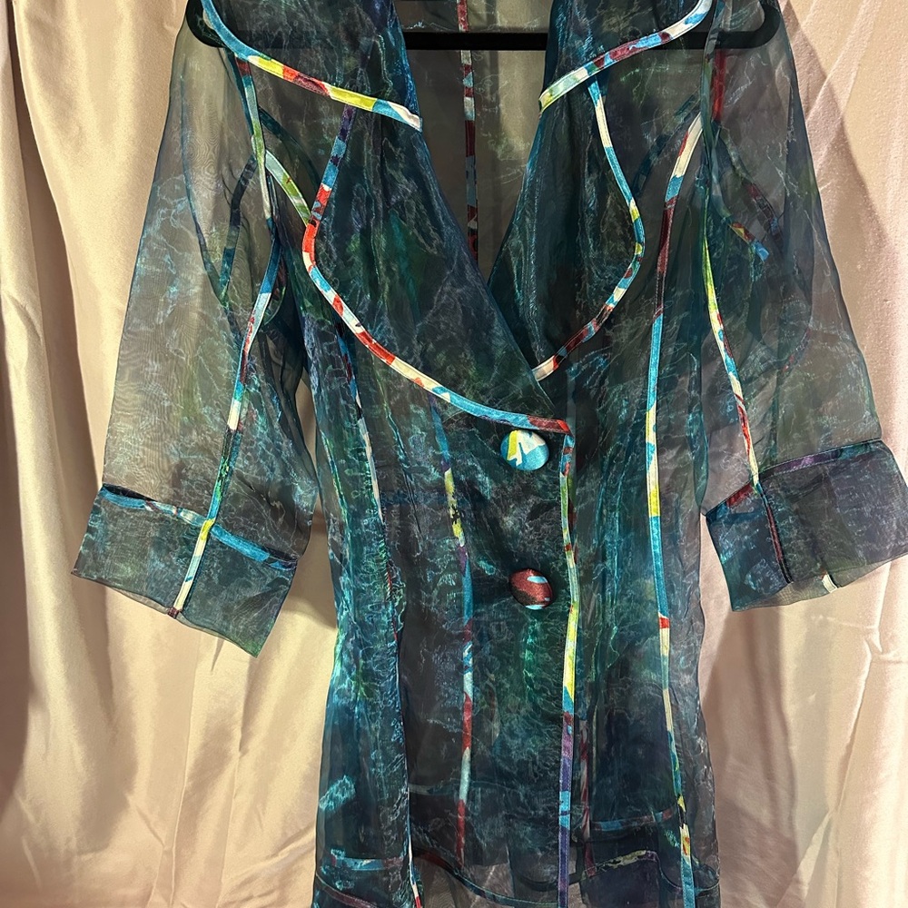 Metallic Blue Colorful Sheer Jacket with colorful ribbon tie at the waist. SizeM